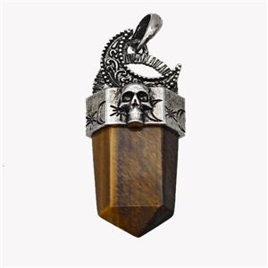 Natural Tiger Eye Stone Prism Pendant Alloy Moon Skull Antique Silver, approx 18-45mm