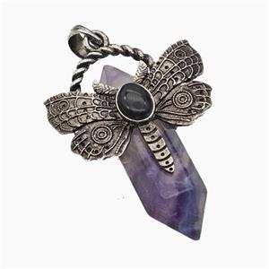 Natural Purple Fluorite Prism Pendant Alloy Butterfly Antique Silver, approx 12mm, 35-50mm