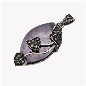 Natural Purple Amethyst Leaf Pendant Alloy Pave Rhinestone Antique Silver, approx 15-25mm