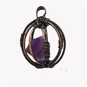 Copper Sphere Pendant With Amethyst Nugget Wire Wrapped Antique Red, approx 30mm