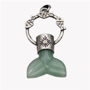 Natural Green Aventurine Mermaid-tail Pendant Alloy Fish Antique Silver, approx 27-50mm