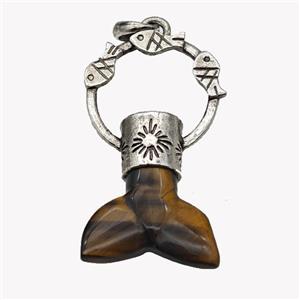 Natural Tiger Eye Stone Mermaid-tail Pendant Alloy Fish Antique Silver, approx 27-50mm