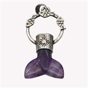 Natural Purple Amethyst Mermaid-tail Pendant Alloy Fish Antique Silver, approx 27-50mm