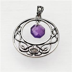 Alloy GoGo Pendant With Purple Amethyst Antique Silver, approx 12mm, 40mm