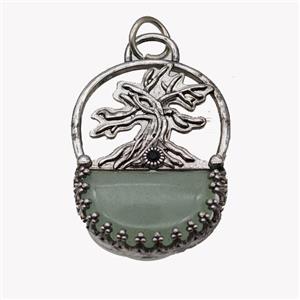 Alloy Tree Pendant Pave Green Aventurine Moon Antique Silver, approx 26-35mm