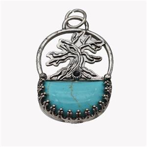 Alloy Tree Pendant Pave Teal Turquoise Moon Antique Silver, approx 26-35mm