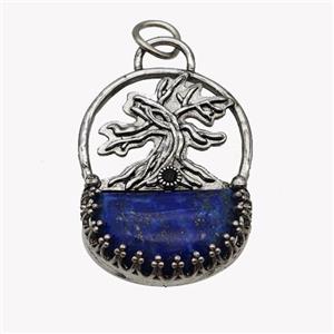 Alloy Tree Pendant Pave Blue Lapis Moon Antique Silver, approx 26-35mm