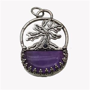 Alloy Tree Pendant Pave Purple Amethyst Moon Antique Silver, approx 26-35mm