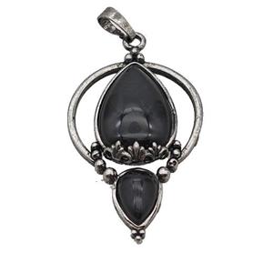 Alloy Teardrop Pendant Pave Black Obsidian Antique Silver, approx 30-45mm