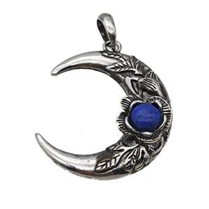 Alloy Moon Pendant Pave Blue Lapis Antique Silver, approx 35-40mm