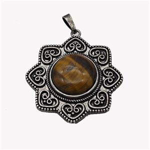 Alloy Flower Pendant Pave Tiger Eye Stone Antique Silver, approx 18mm, 40mm