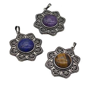 Alloy Flower Pendant Pave Gemstone Antique Silver Mixed, approx 18mm, 40mm