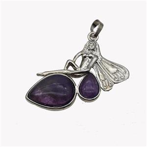 Alloy Fairy Pendant Pave Purple Amethyst Platinum Plated, approx 35-40mm