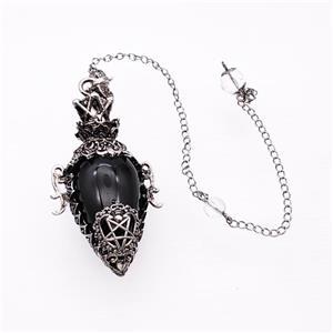 Black Obsidian Alloy Pendulum Pendant With Chain Antique Silver, approx 33-60mm, 8mm, 20cm length