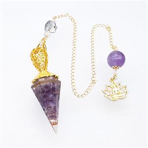 Purple Amethyst Chips Resin Pendulum Pendant With Chain Lotus Gold Plated, approx 18-55mm, 14-18mm, 12mm, 20cm length