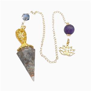 Labradorite Chips Resin Pendulum Pendant With Chain Lotus Gold Plated, approx 18-55mm, 14-18mm, 12mm, 20cm length