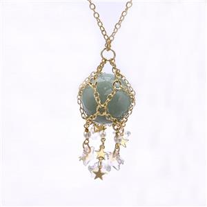 Green Aventurine Sphere Necklace Copper Chain Wrapped Gold Plated, approx 25mm, 8mm, 12mm, 19cm length