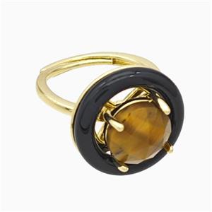 Copper Rings Pave Tiger Eye Stone Black Enamel Adjustable Gold Plated, approx 10mm, 18mm, 18mm dia