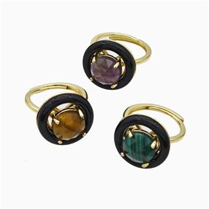 Copper Rings Pave Gemstoner Black Enamel Adjustable Gold Plated Mixed, approx 10mm, 18mm, 18mm dia