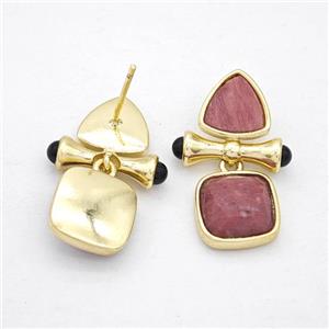 Copper Stud Earrings Pave Gemstone Triangel Square Gold Plated, approx 10mm,11mm, 25mm