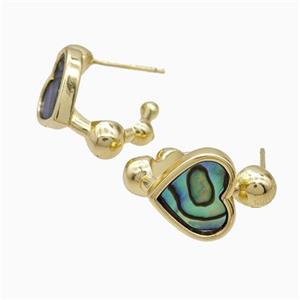 Copper Heart Stud Earrings Pave Abalone Shell Gold Plated, approx 12mm, 14mm dia