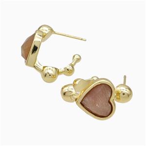 Copper Heart Stud Earrings Pave Sunstone Gold Plated, approx 12mm, 14mm dia