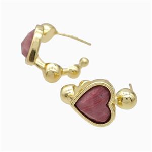 Copper Heart Stud Earrings Pave Wood Lace Jasper Gold Plated, approx 12mm, 14mm dia