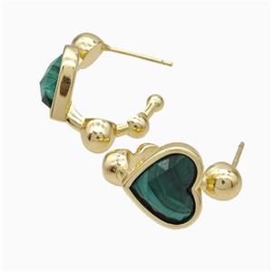 Copper Heart Stud Earrings Pave Malachite Gold Plated, approx 12mm, 14mm dia