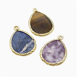 Natural Gemstone Teardrop Pendant Flat Gold Plated Mixed, approx 18-21mm