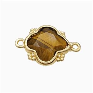 Natural Tiger Eye Stone Clover Connector Gold Plated, approx 15mm