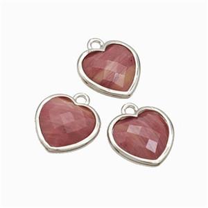 Natural Pink Wood Lace Jasper Heart Pendant Faceted Platinum Plated, approx 10mm