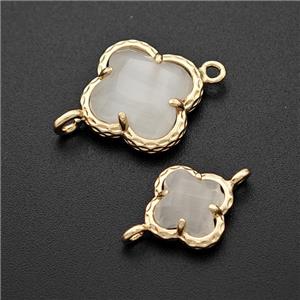 White Cats Eye Glass Clover Connector Gold Plated, approx 10mm