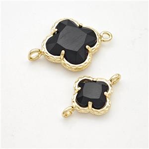 Black Cats Eye Glass Clover Connector Gold Plated, approx 10mm