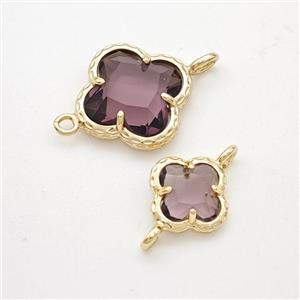 Purple Crystal Glass Clover Connector Gold Plated, approx 10mm