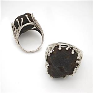 Copper Ring Pave Black Obsidian Adjustable Platinum Plated, approx 20-25mm, 18mm dia