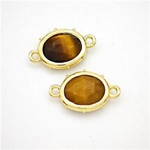 Natural Tiger Eye Stone Oval Connector Gold Plated, approx 10-12mm