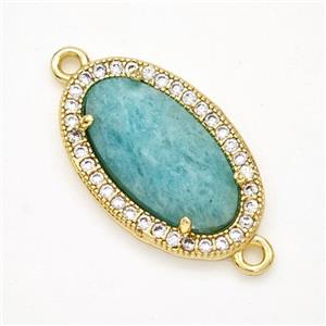 Natural Green Amazonite Oval Connector Copper Pave Zirconia Gold Plated, approx 12-19mm