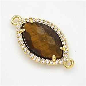 Natural Tiger Eye Stone Eye Connector Copper Pave Zirconia Gold Plated, approx 14-20mm