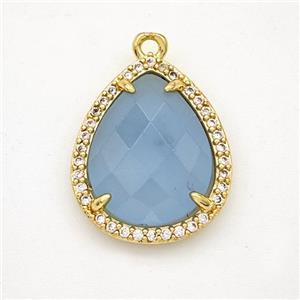 Blue Dye Jade Teardrop Pendant Copper Pave Zirconia Gold Plated, approx 15-18mm