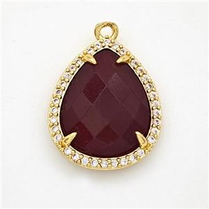 Darkred Dye Jade Teardrop Pendant Copper Pave Zirconia Gold Plated, approx 15-18mm