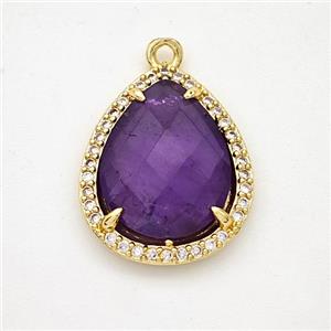 Natural Purple Amethyst Teardrop Pendant Copper Pave Zirconia Gold Plated, approx 15-18mm