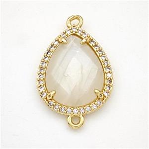 White Moonstone Teardrop Connector Copper Pave Zirconia Gold Plated, approx 15-18mm