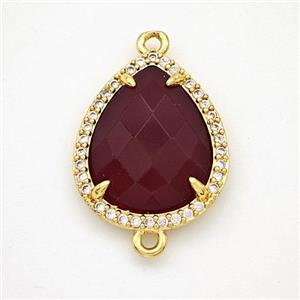 Darkred Dye Jade Teardrop Connector Copper Pave Zirconia Gold Plated, approx 15-18mm