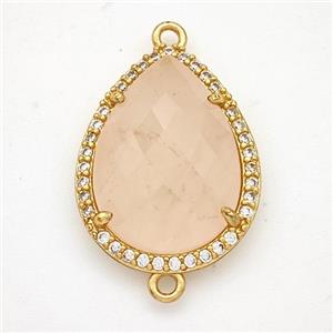 Pink Rose Quartz Teardrop Connector Copper Pave Zirconia Gold Plated, approx 16-20mm