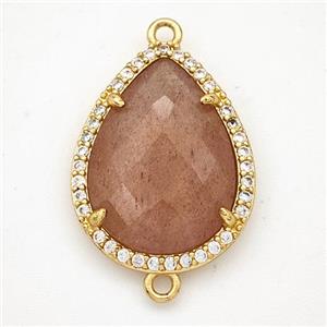 Pink Strawberry Quartz Teardrop Connector Copper Pave Zirconia Gold Plated, approx 16-20mm