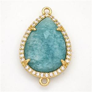 Green Amazonite Teardrop Connector Copper Pave Zirconia Gold Plated, approx 16-20mm