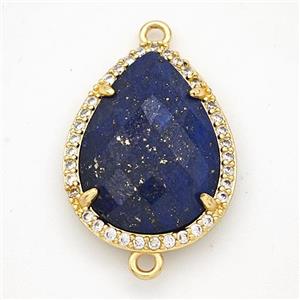 Blue Lapis Lazuli Teardrop Connector Copper Pave Zirconia Gold Plated, approx 16-20mm