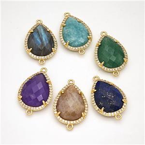 Natural Gemstone Teardrop Connector Copper Pave Zirconia Gold Plated Mixed, approx 16-20mm