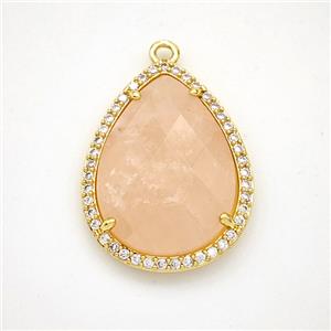 Pink Rose Quartz Teardrop Pendant Copper Pave Zirconia Gold Plated, approx 19-25mm