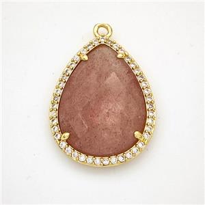 Pink Strawberry Quartz Teardrop Pendant Copper Pave Zirconia Gold Plated, approx 19-25mm